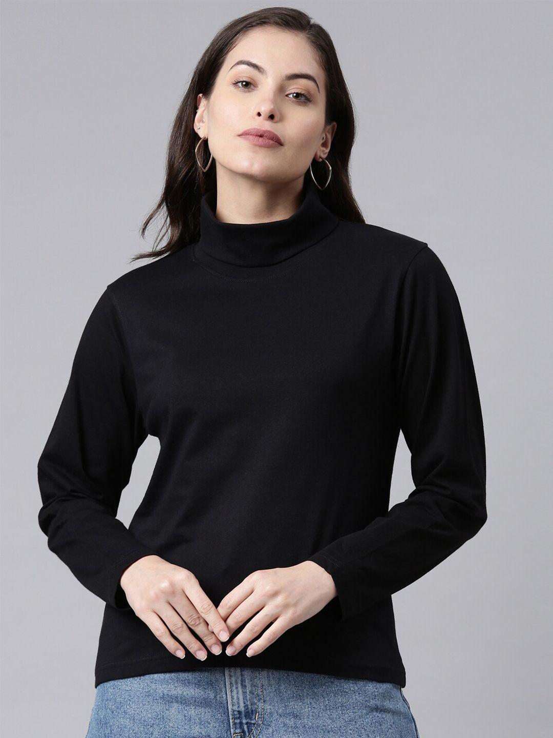 kryptic women black stretch solid high neck t-shirt