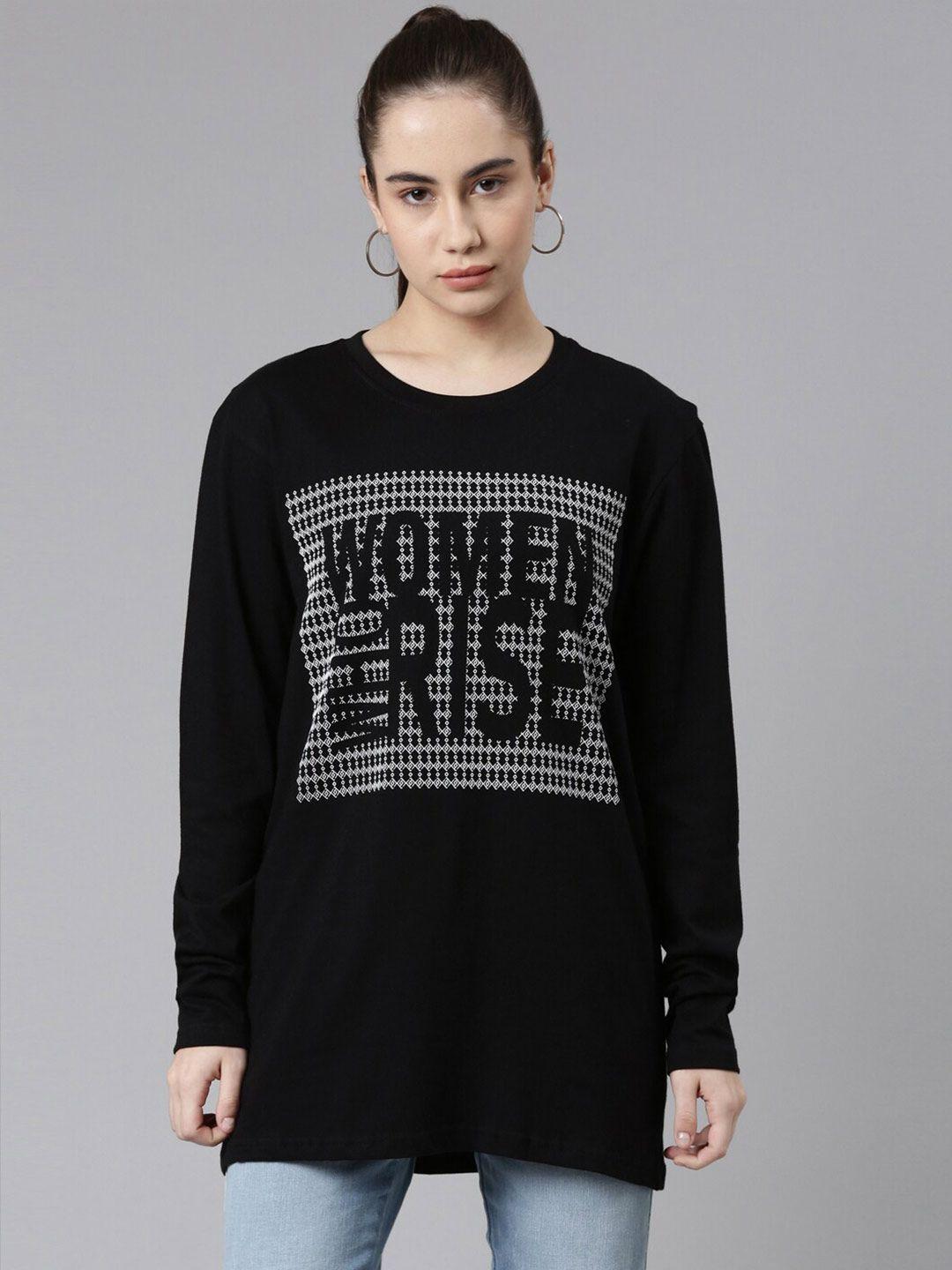 kryptic women black typography printed loose cotton t-shirt