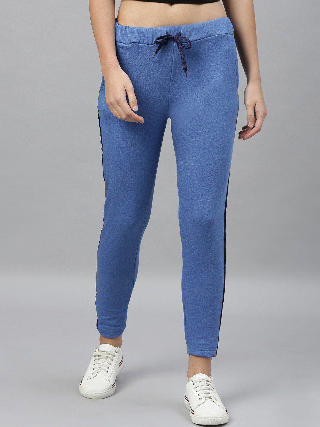 kryptic women blue & black solid slim-fit pure cotton track pants
