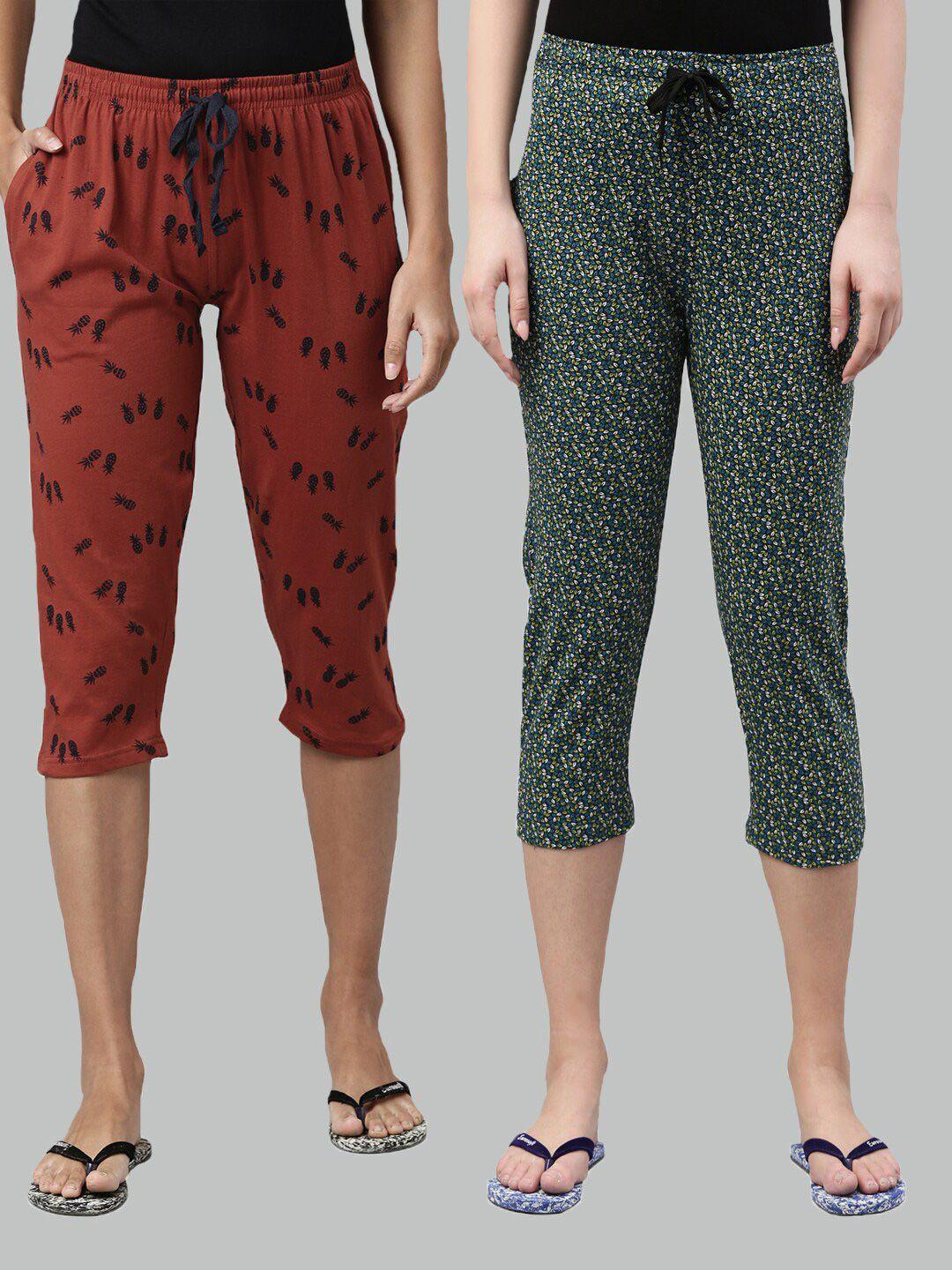 kryptic women brown & green pack of 2 pure cotton printed capris