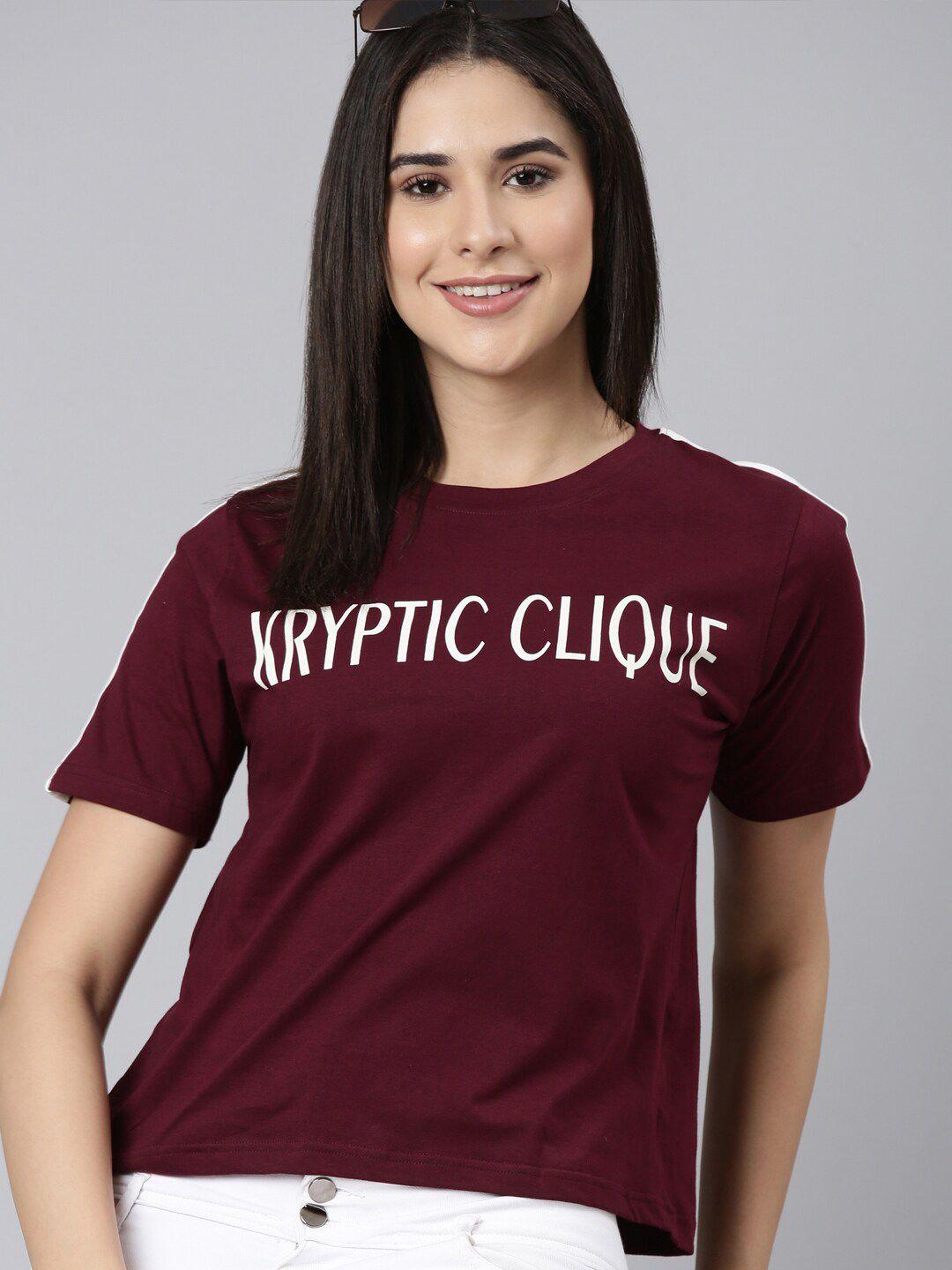 kryptic women burgundy typography printed applique t-shirt