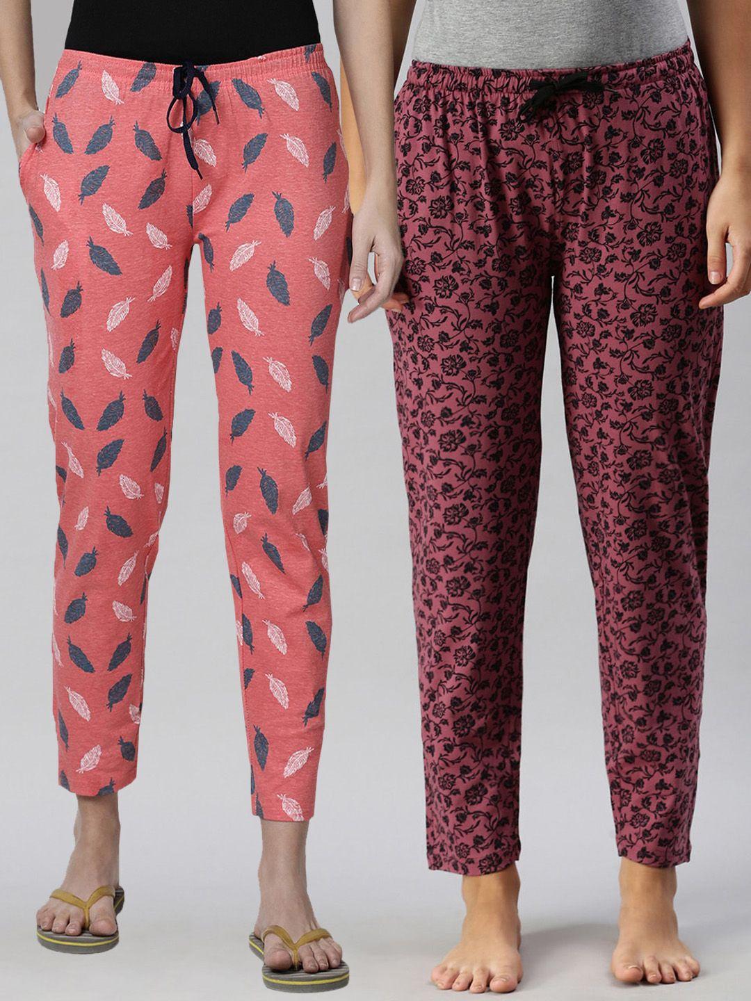 kryptic women coral & maroon pack of 2 printed pure cotton lounge pants