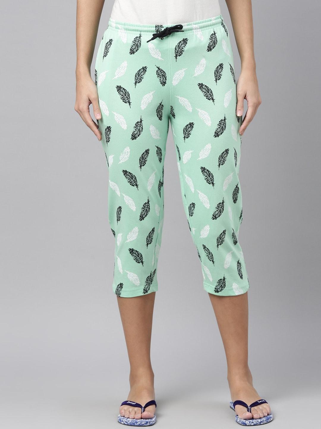 kryptic women green printed cotton capris lounge pant