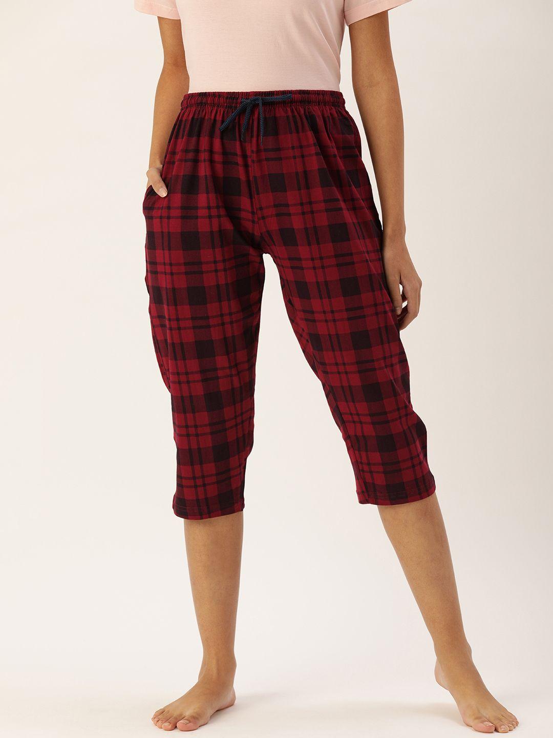 kryptic women maroon & black checked pure cotton lounge capris