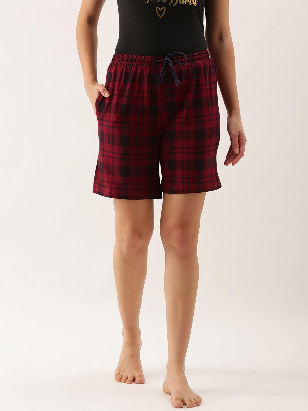 kryptic women maroon & navy blue pure cotton checked lounge shorts
