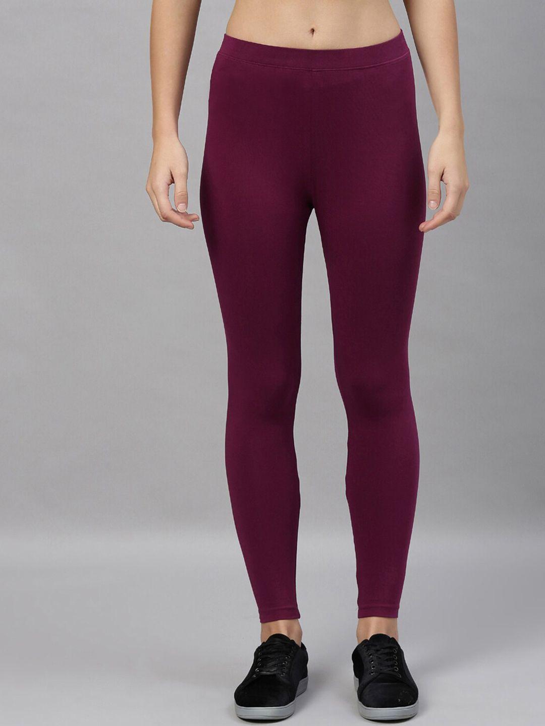 kryptic women maroon solid cotton ankle-length tights