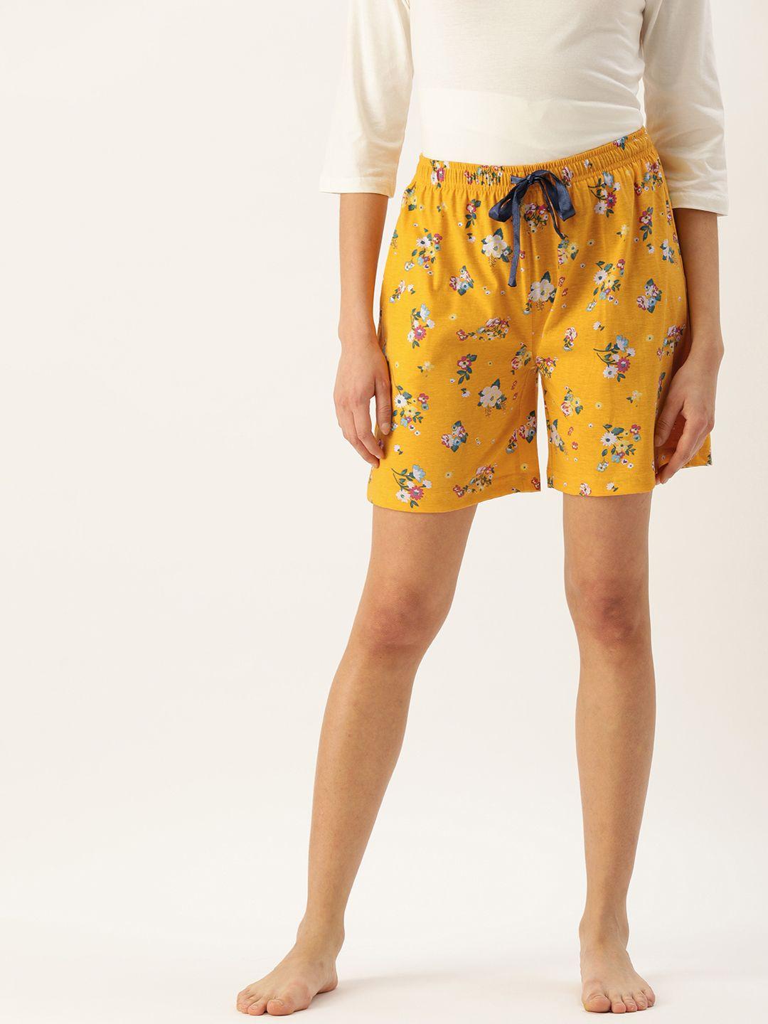 kryptic women mustard yellow & white printed cotton lounge shorts