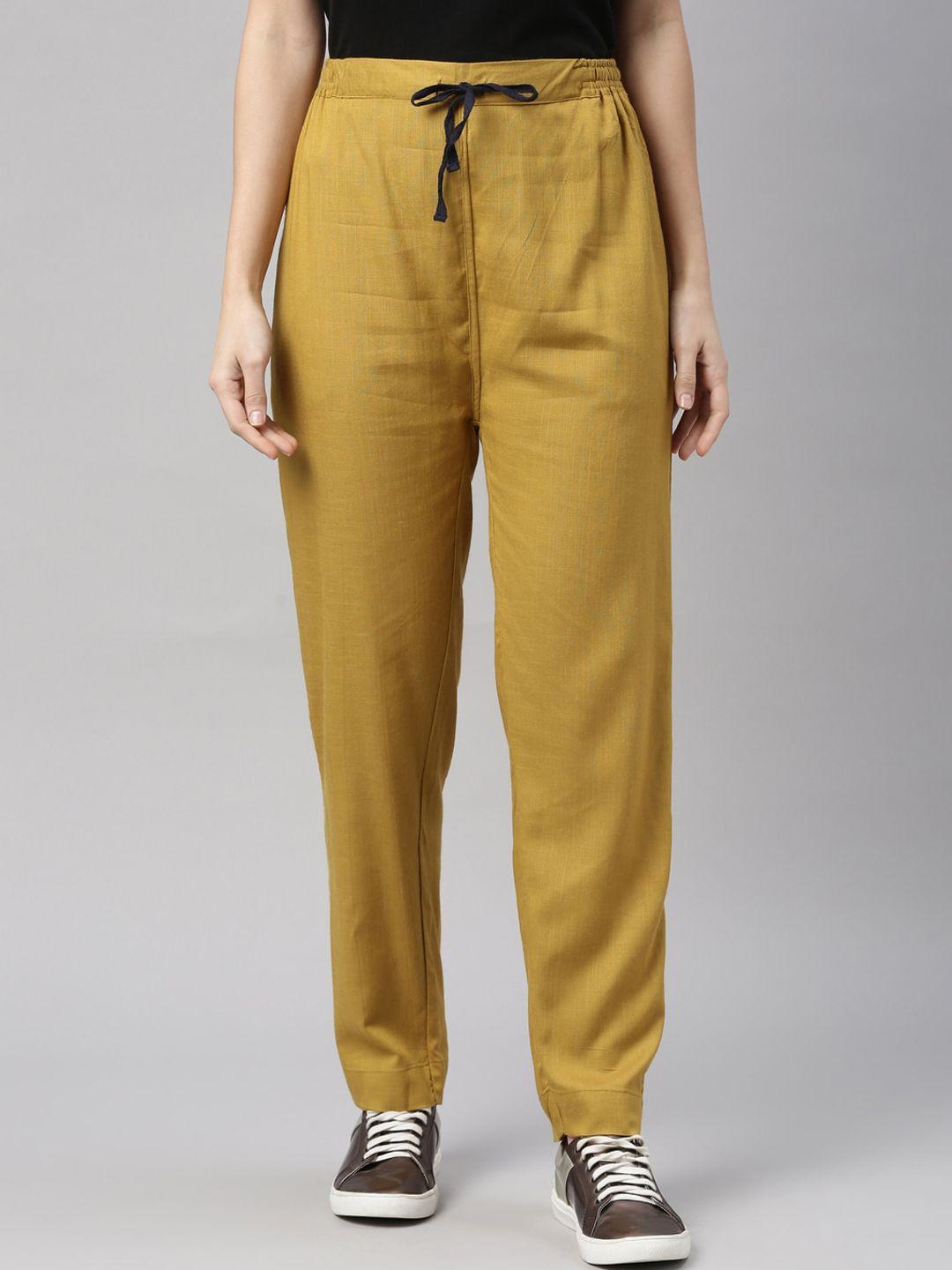 kryptic women mustard yellow slim fit trousers