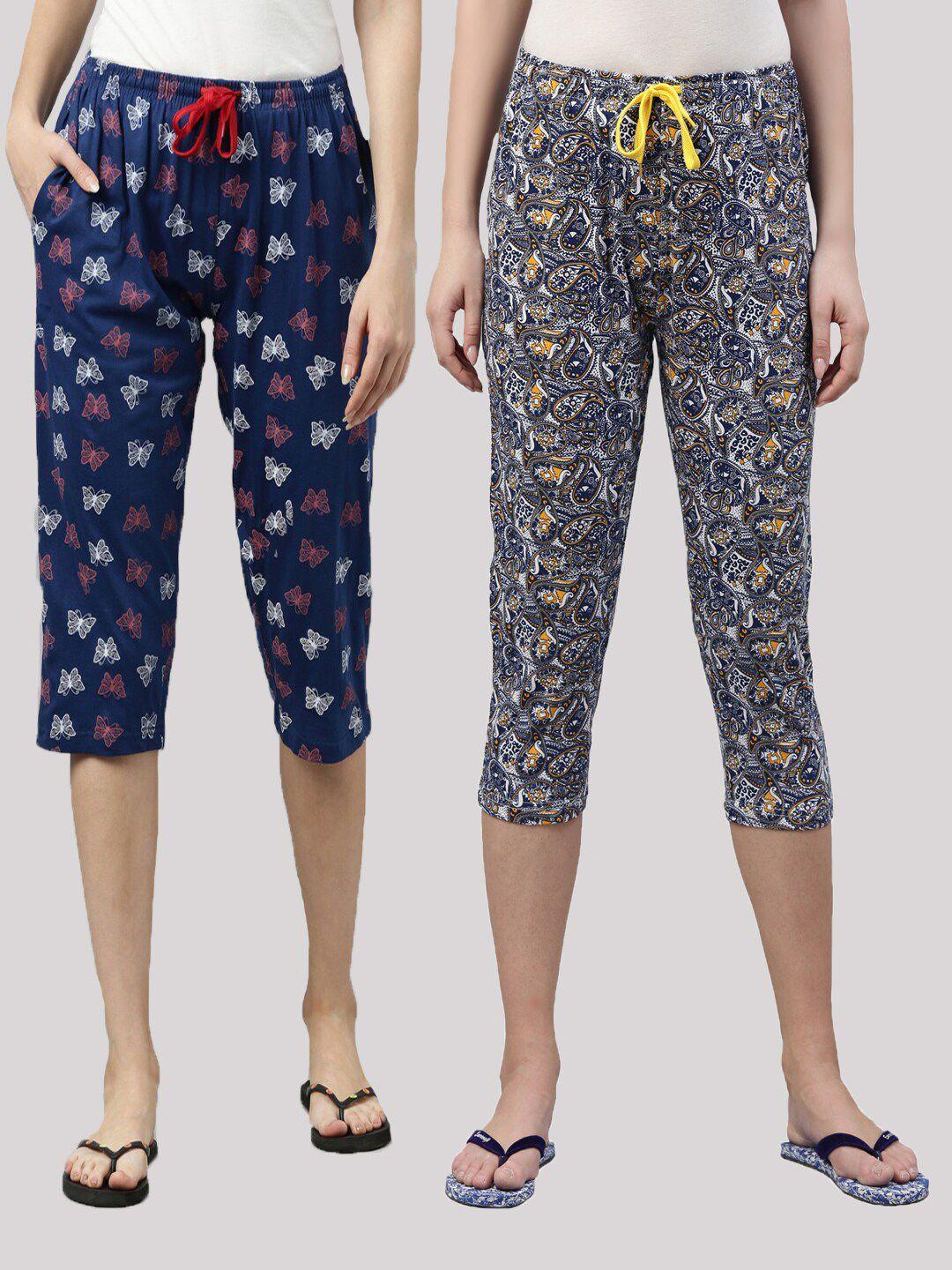 kryptic women navy blue & black pack of 2 printed cotton capris