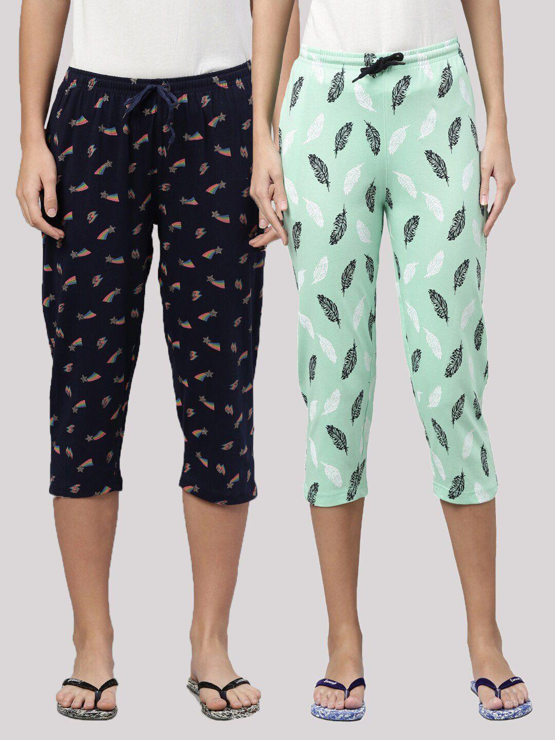 kryptic women navy blue & green pack of 2 printed cotton capris