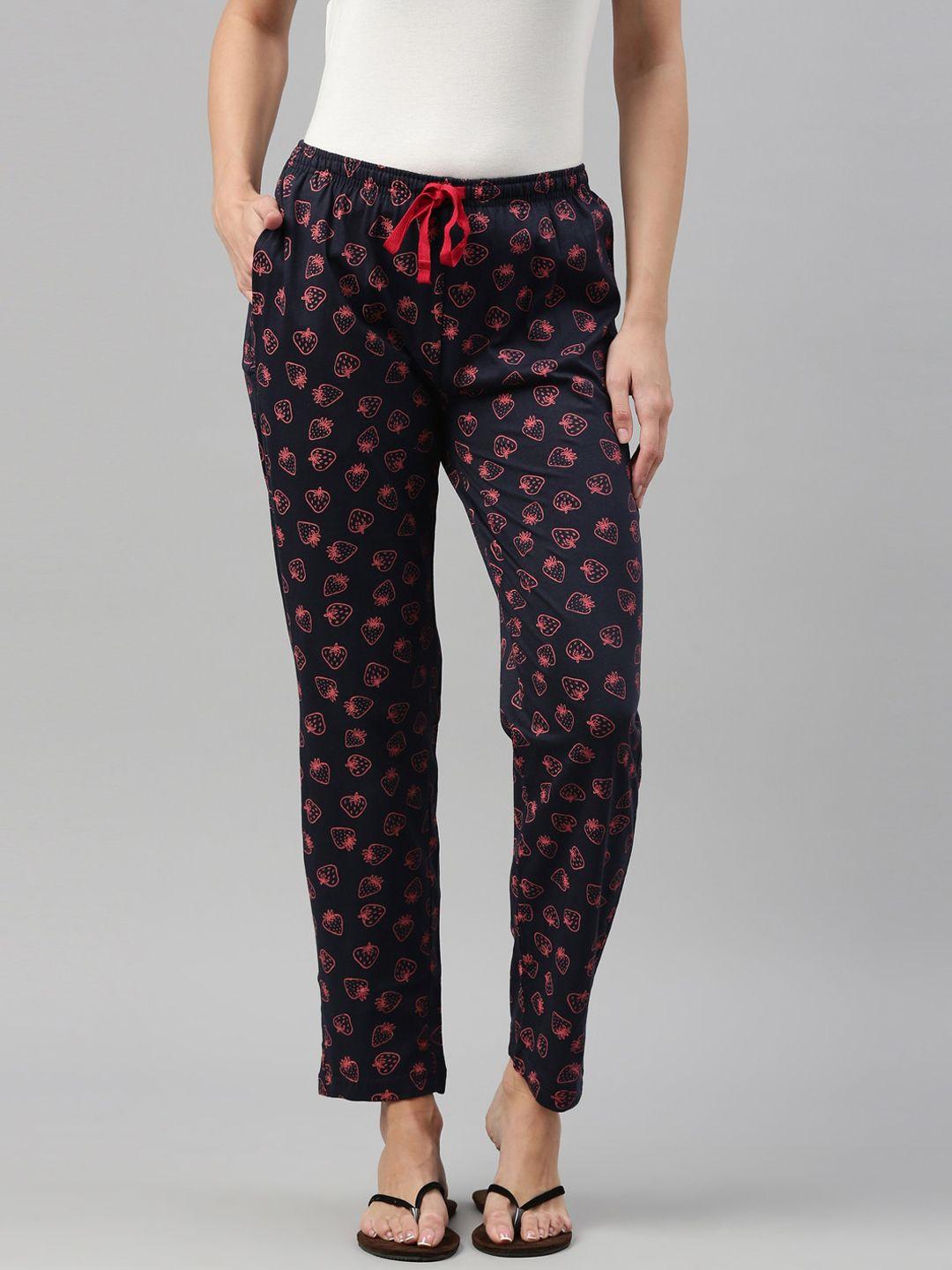 kryptic women navy blue & pink printed cotton lounge pants