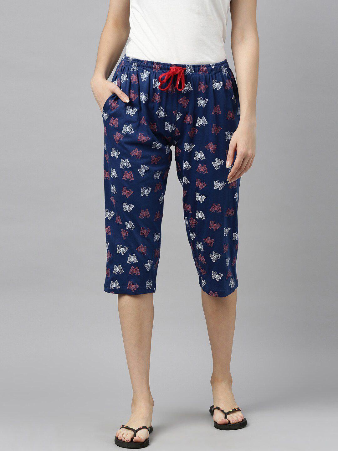 kryptic women navy blue & red printed cotton lounge capris