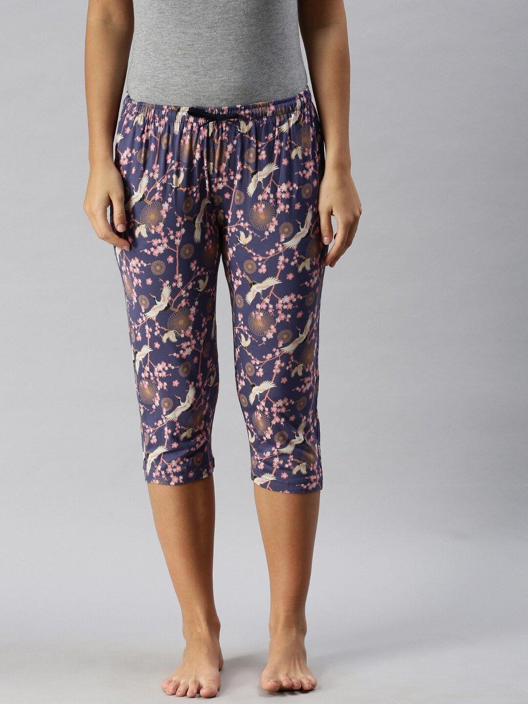 kryptic women navy blue printed cotton regular fit lounge pants