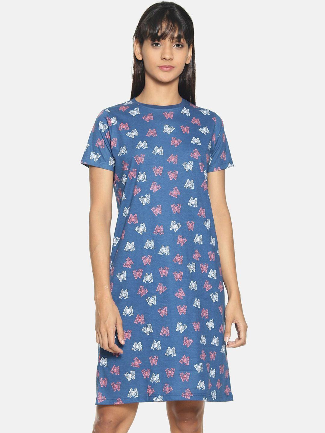 kryptic women navy blue printed pure cotton nightdress