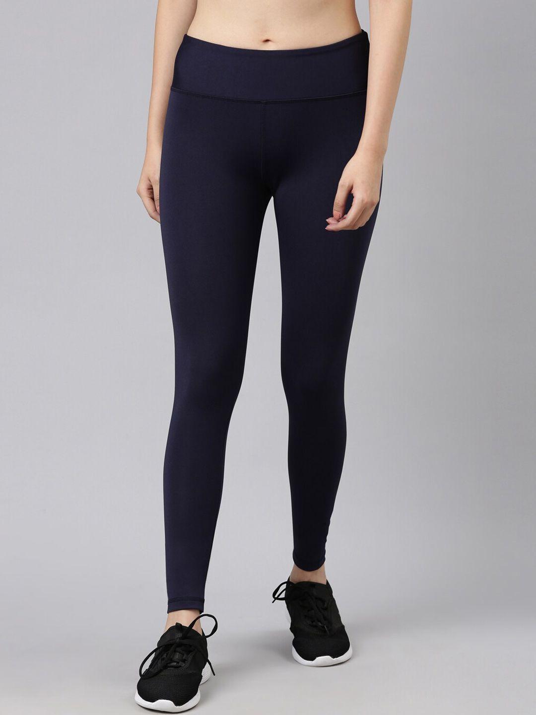 kryptic women navy blue solid slim-fit ankle length training tights
