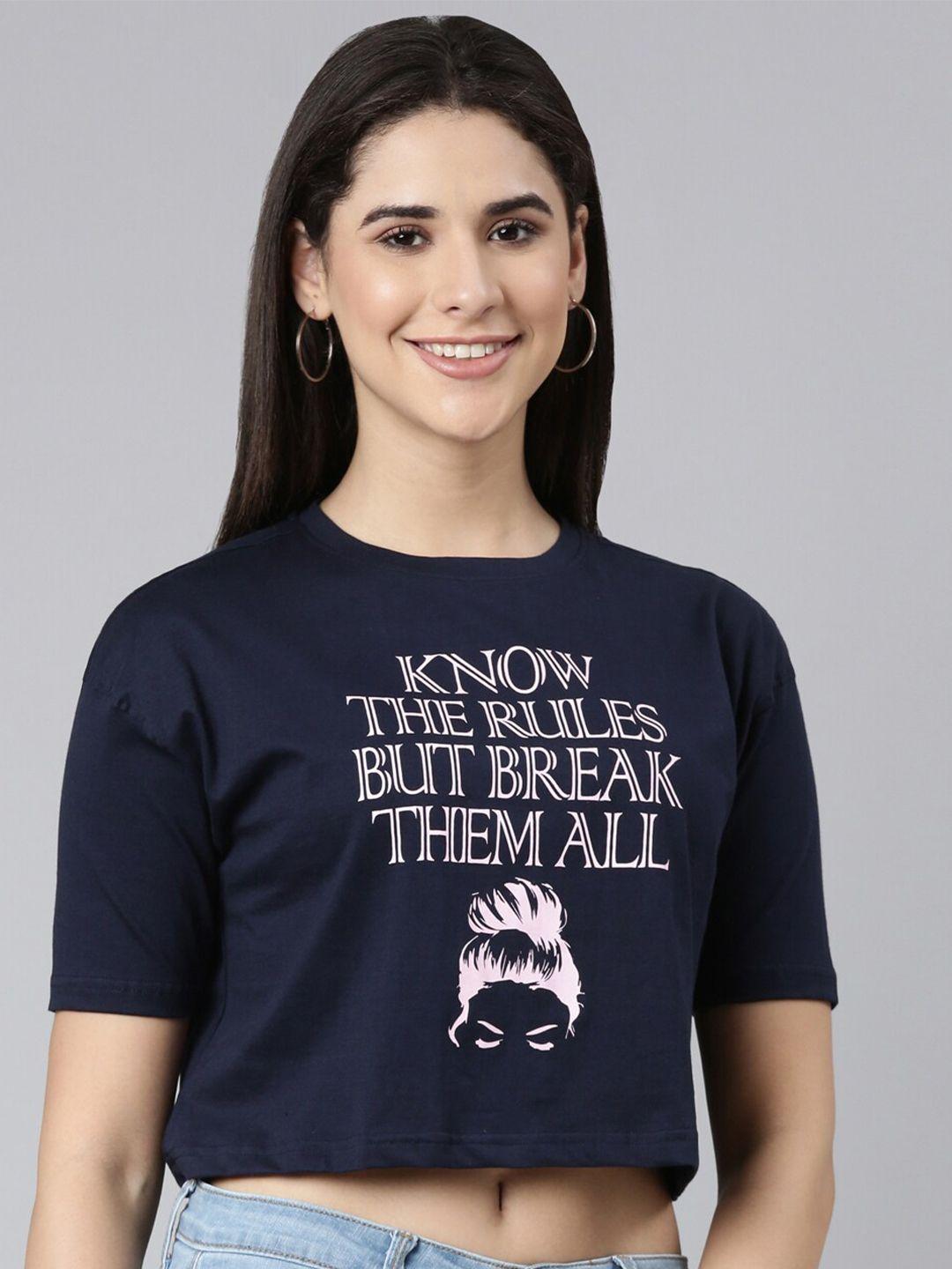 kryptic women navy blue typography printed pockets t-shirt