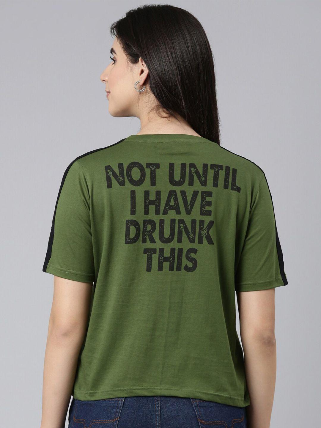 kryptic women olive green typography printed drop-shoulder sleeves t-shirt