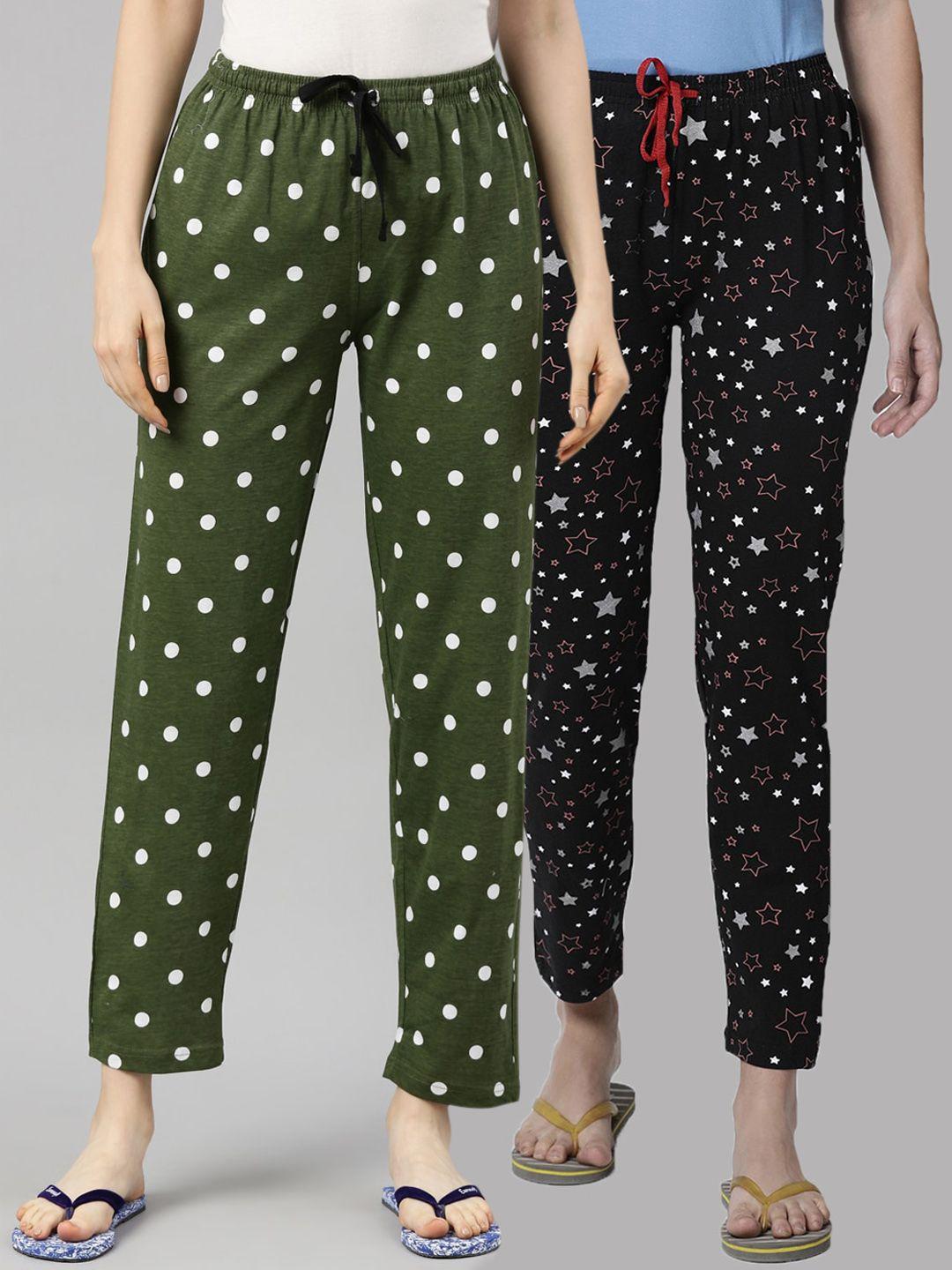 kryptic women pack of 2 black & green printed pure cotton lounge pants