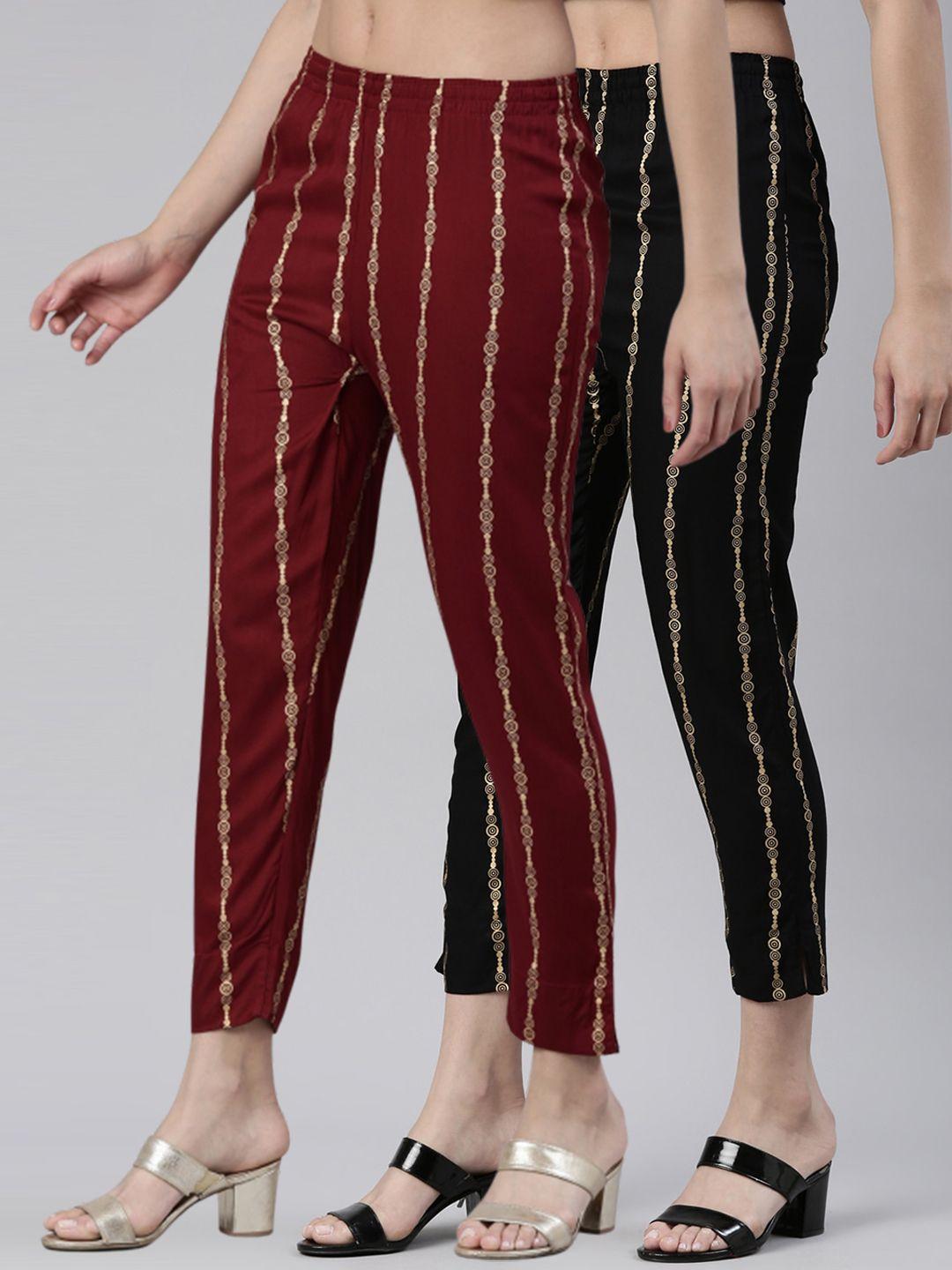 kryptic women pack of 2 geometric printed smart slim fit cigarette trousers