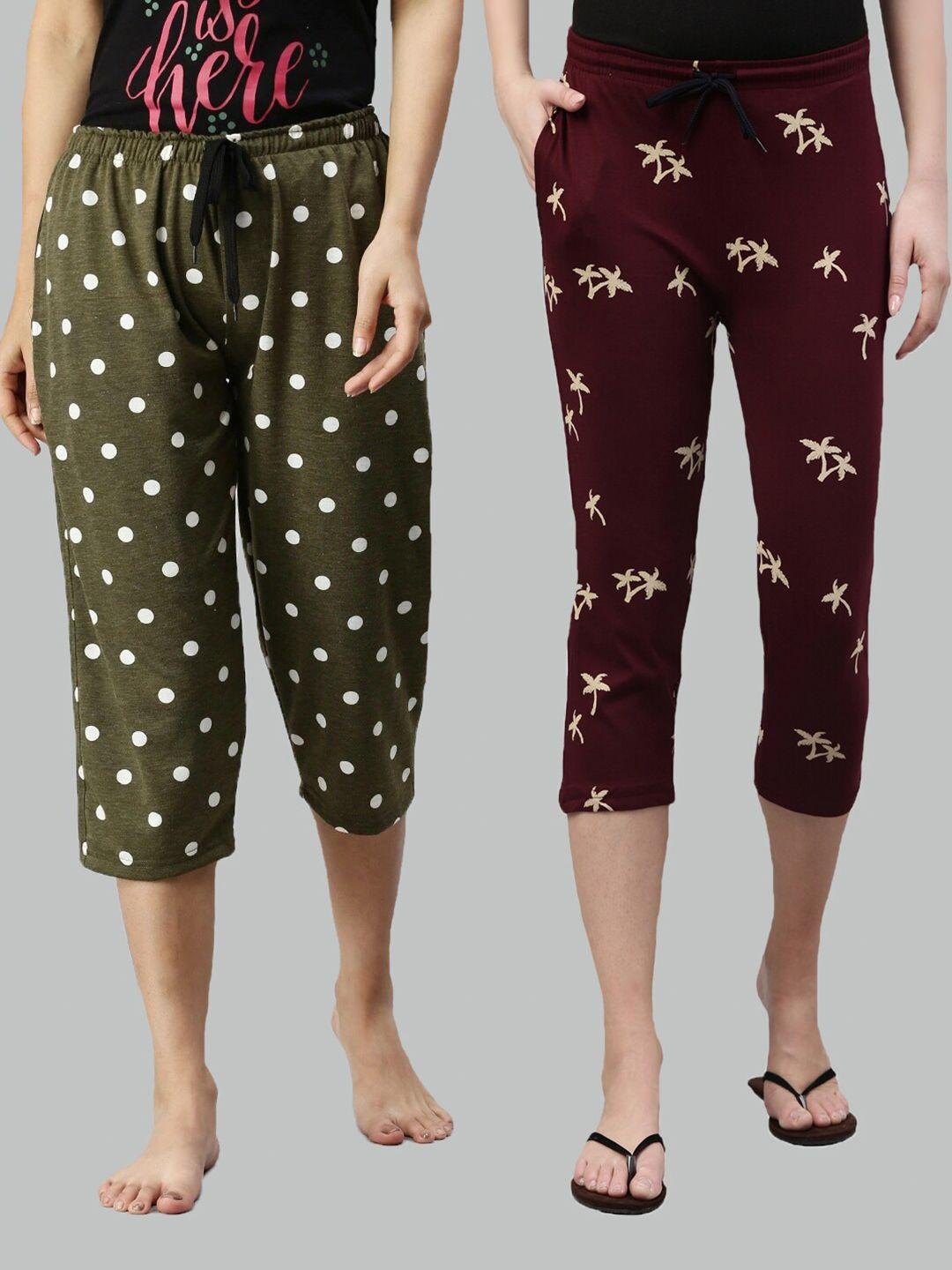 kryptic women pack of 2 green & maroon printed cotton capris