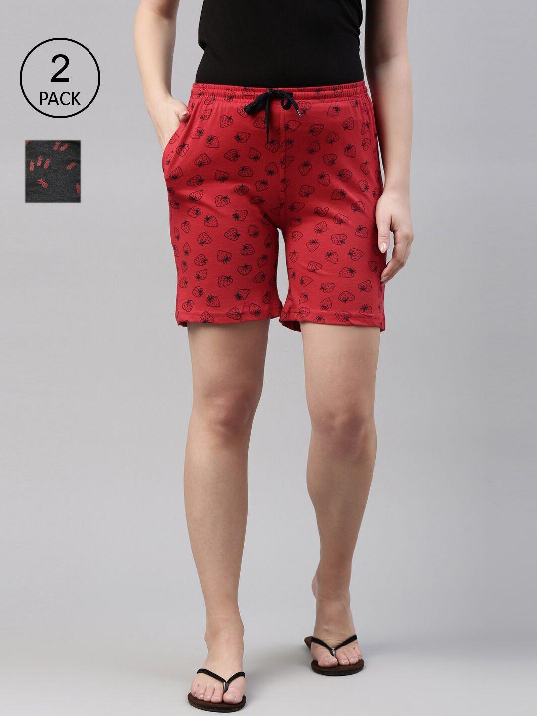 kryptic women pack of 2 grey & red floral printed cotton lounge shorts