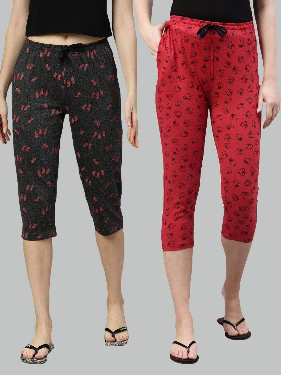 kryptic women pack of 2 grey & red printed cotton capris