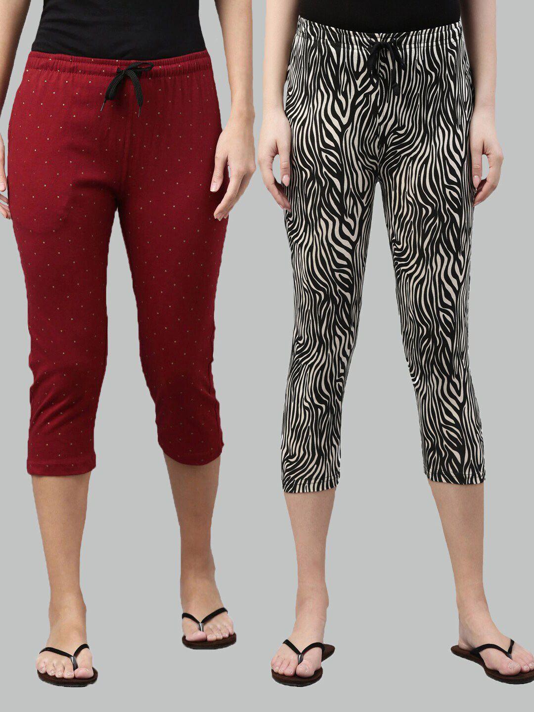 kryptic women pack of 2 maroon & black printed capris