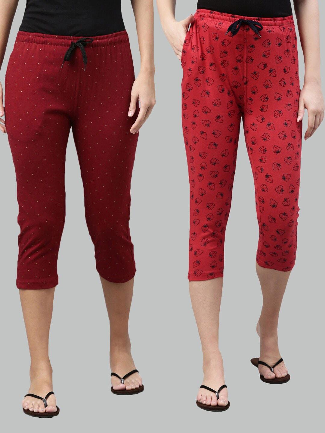 kryptic women pack of 2 maroon & red printed pure cotton capris