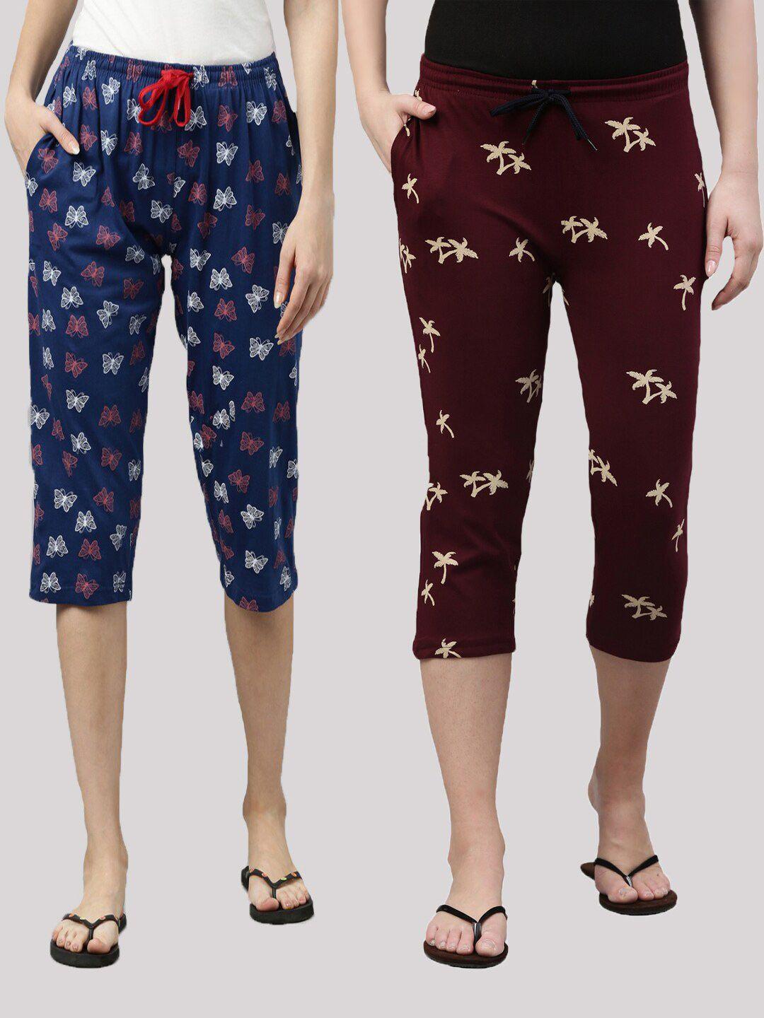 kryptic women pack of 2 navy blue & maroon printed pure cotton capris