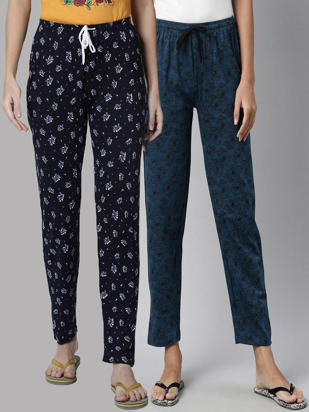 kryptic women pack of 2 navy blue & teal printed pure cotton lounge pant