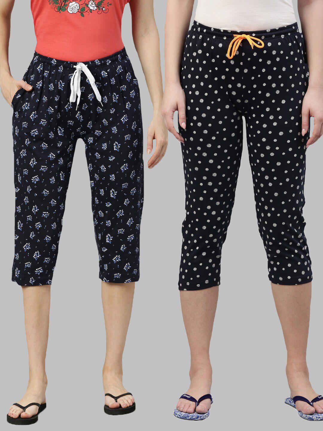 kryptic women pack of 2 navy blue & white printed pure cotton capris