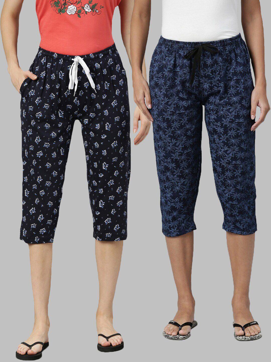 kryptic women pack of 2 navy blue printed pure cotton capris