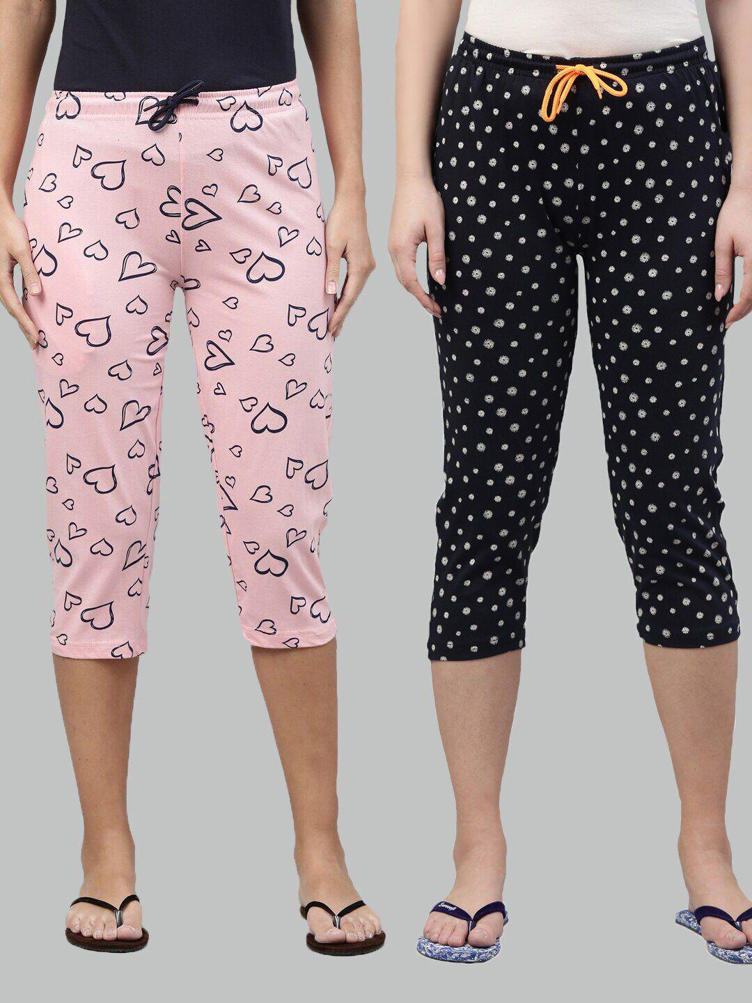 kryptic women pack of 2 pink & navy blue printed pure cotton capris