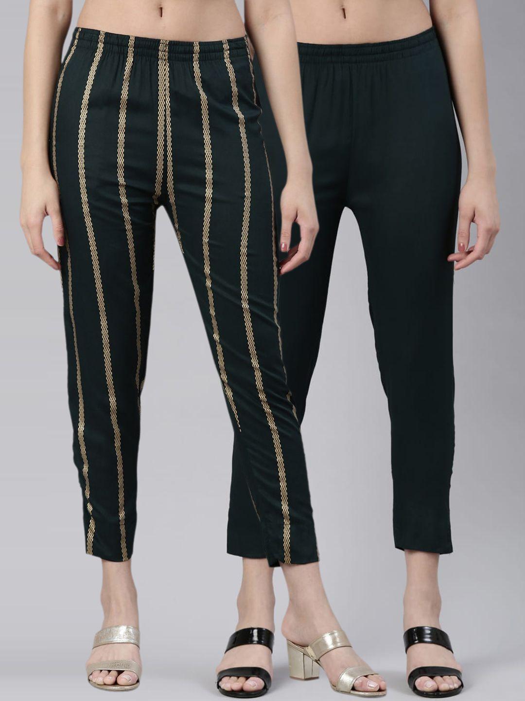 kryptic women pack of 2 striped mid-rise plain cropped trousers