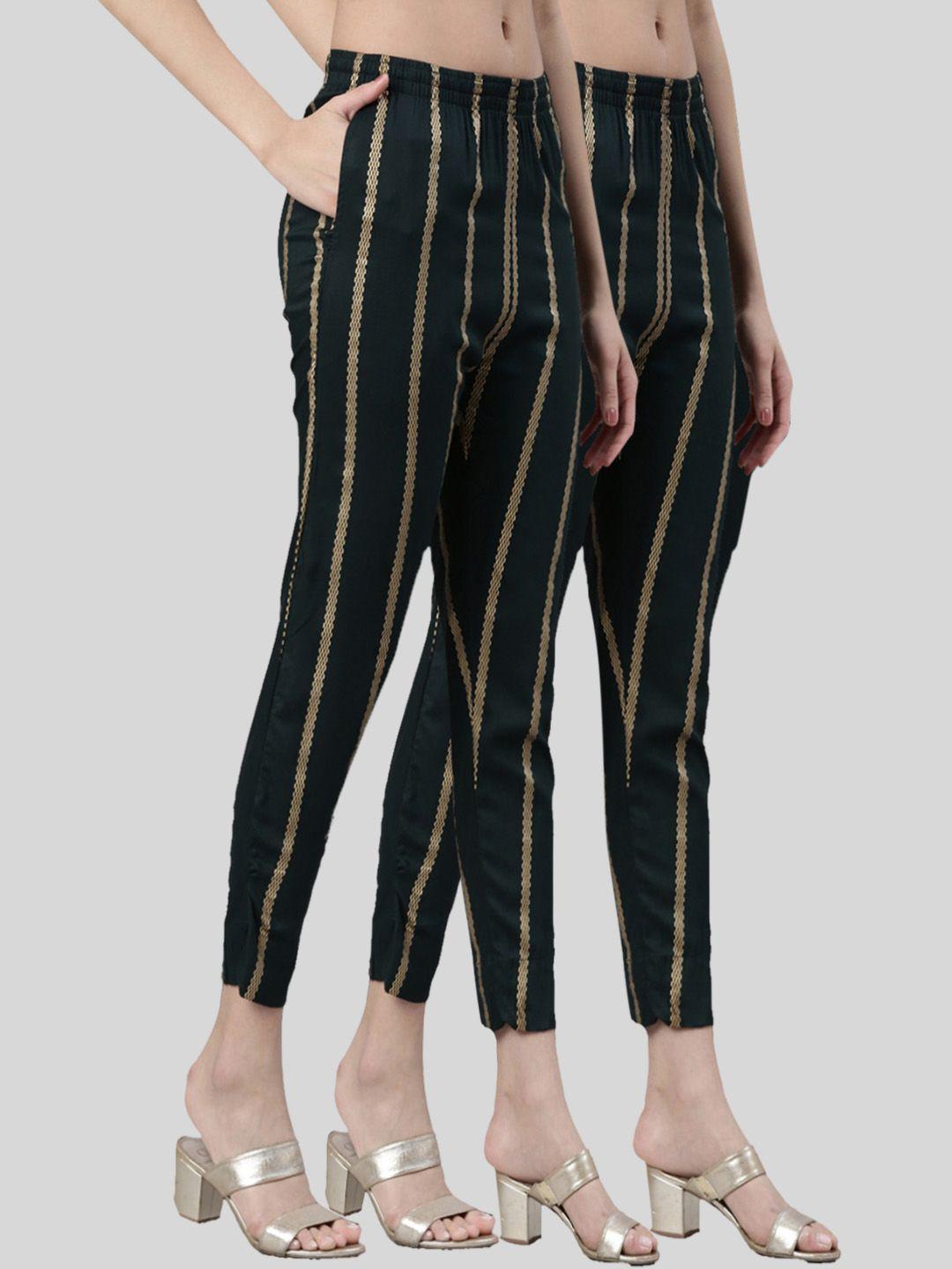 kryptic women pack of 2 striped mid-rise smart slim fit cigarette trousers