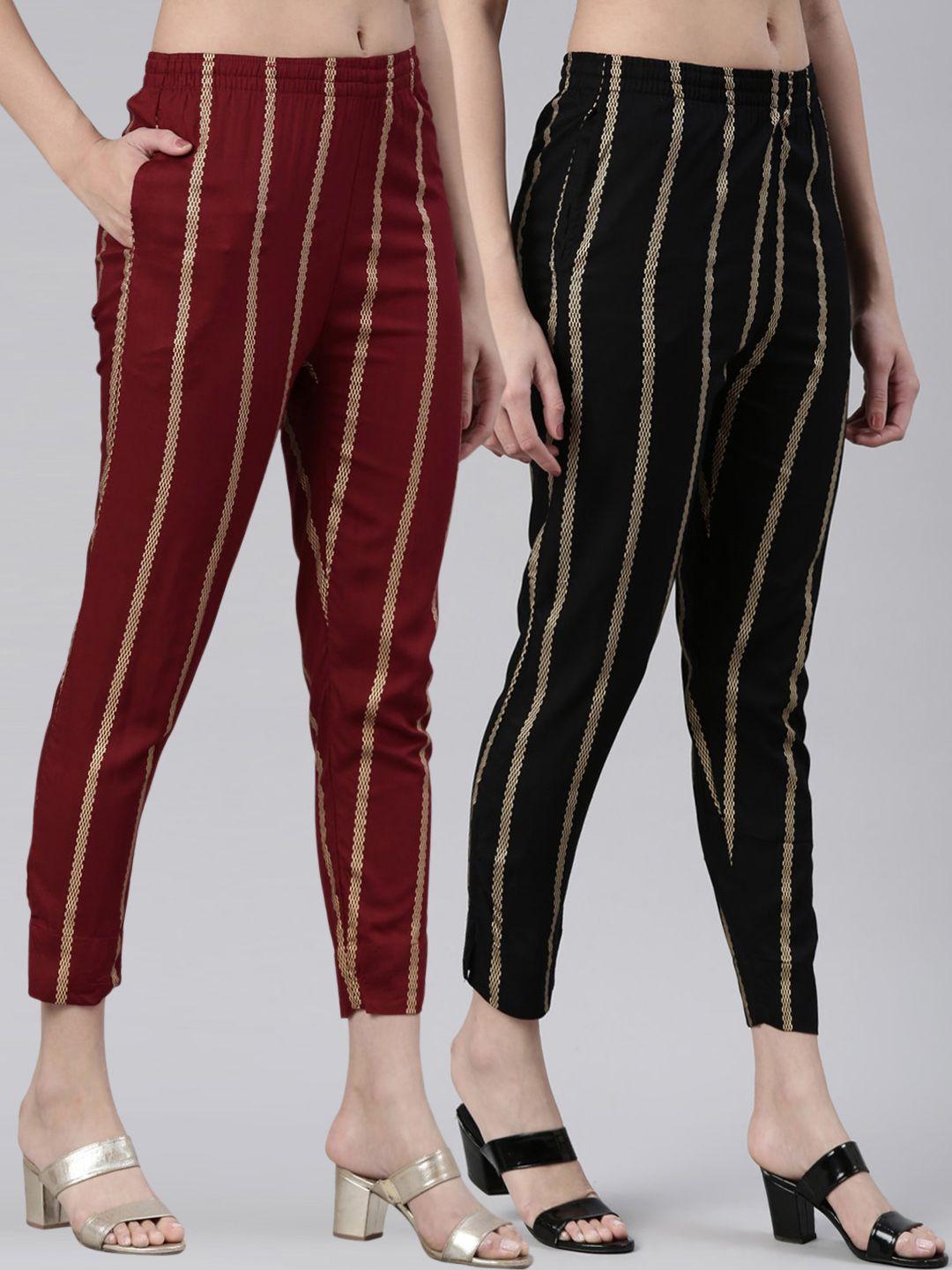 kryptic women pack of 2 striped mid-rise smart slim fit cigarette trousers