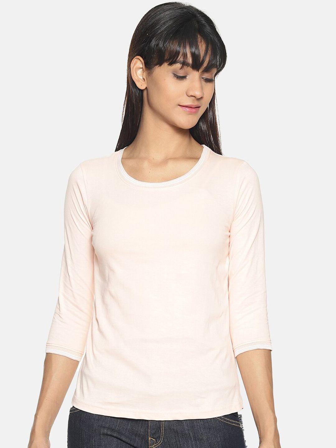 kryptic women peach-coloured solid round neck pure cotton t-shirt