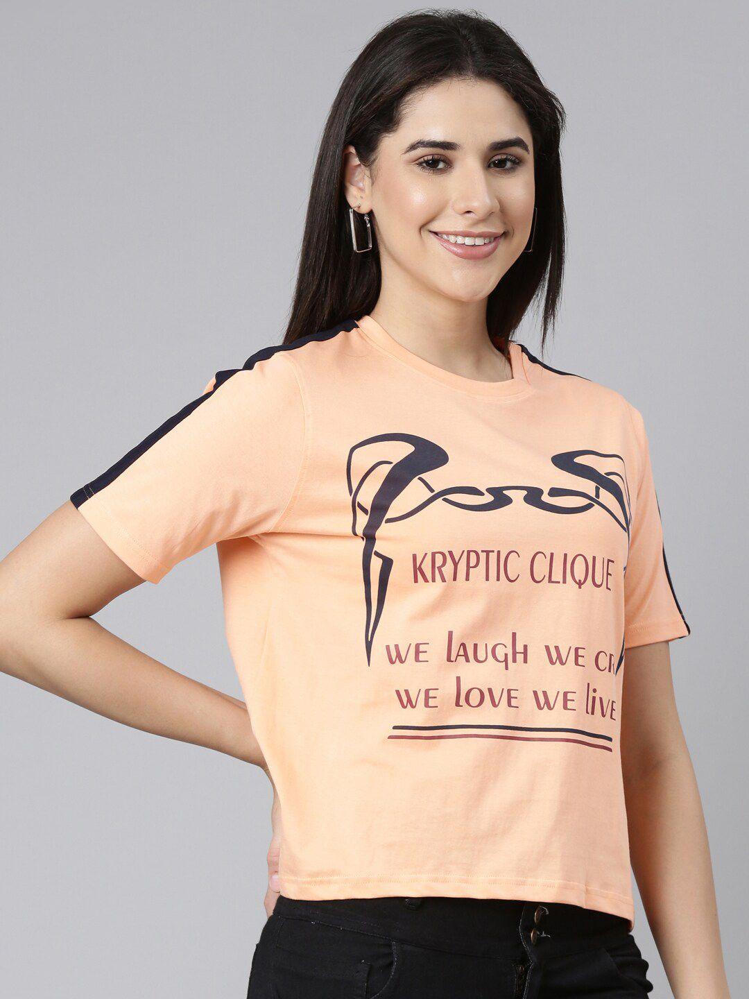 kryptic women peach-coloured typography printed pockets t-shirt