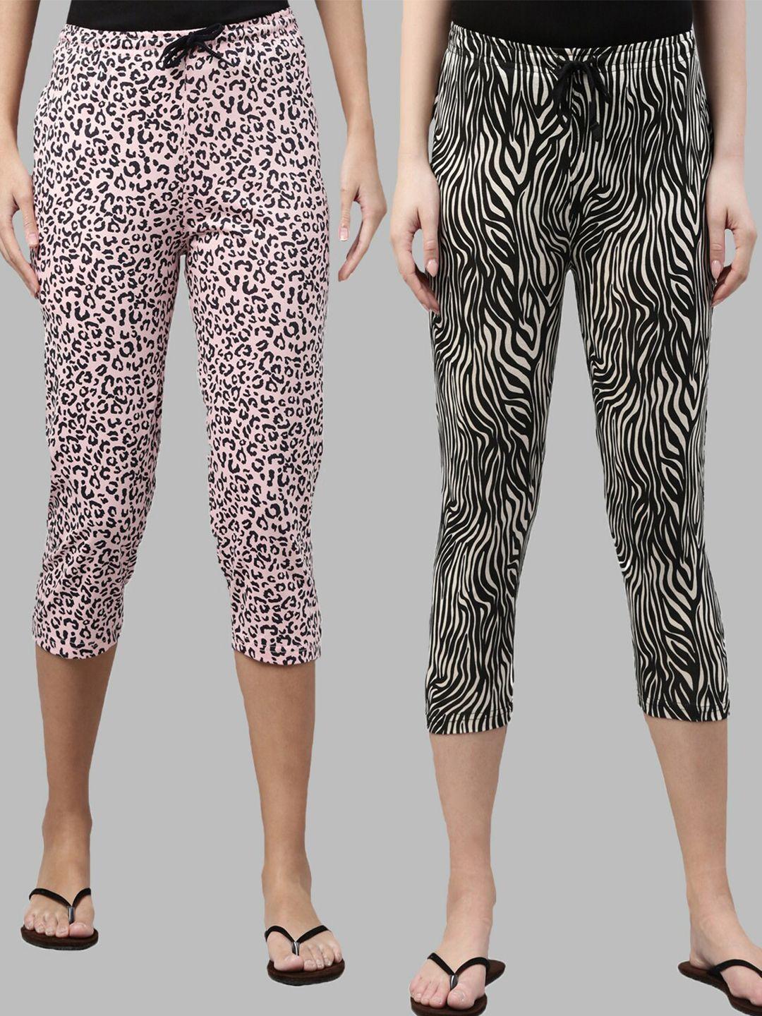kryptic women pink & black pack of 2 pure cotton printed capris
