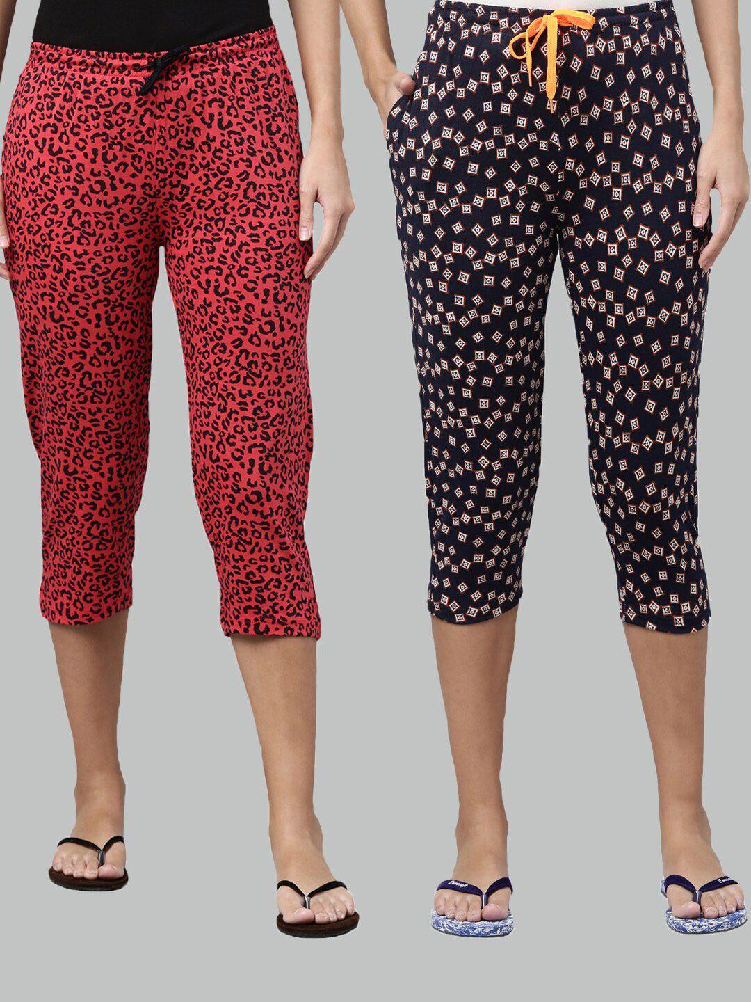 kryptic women pink & navy blue pack of 2 pure cotton printed capris