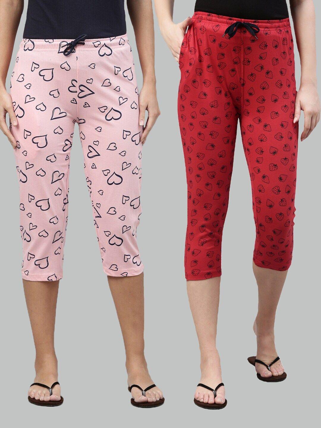 kryptic women pink & red set of 2 pure cotton printed capris