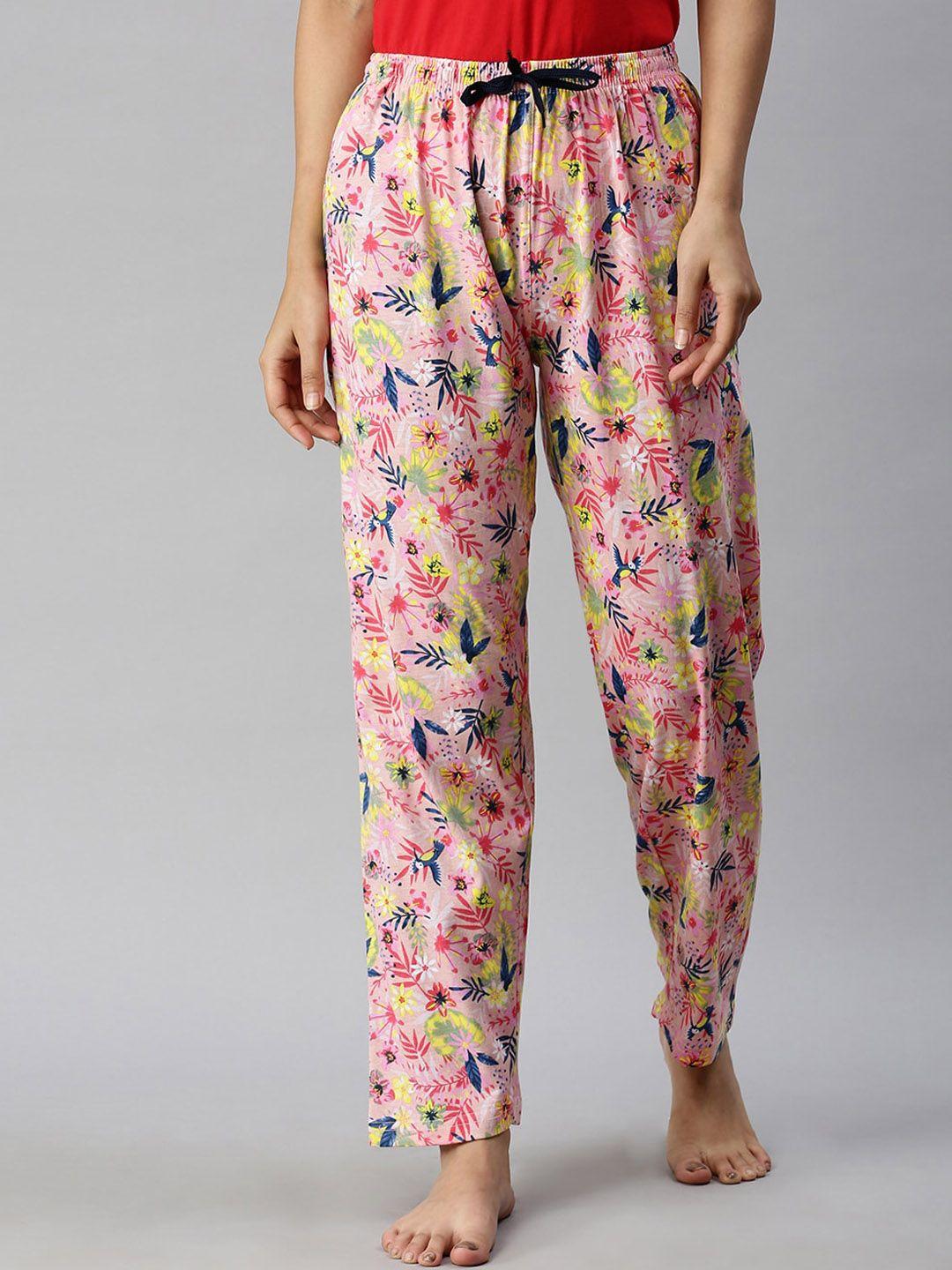 kryptic women pink & yellow printed pure cotton lounge pants