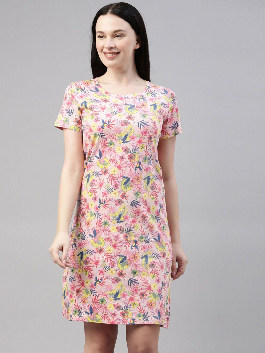 kryptic women pink pure cotton floral printed t-shirt night dress