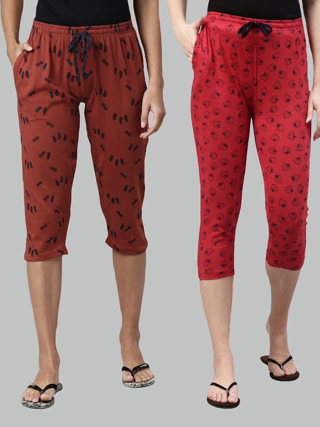 kryptic women set of 2 brown & red slim fit printed cotton capris