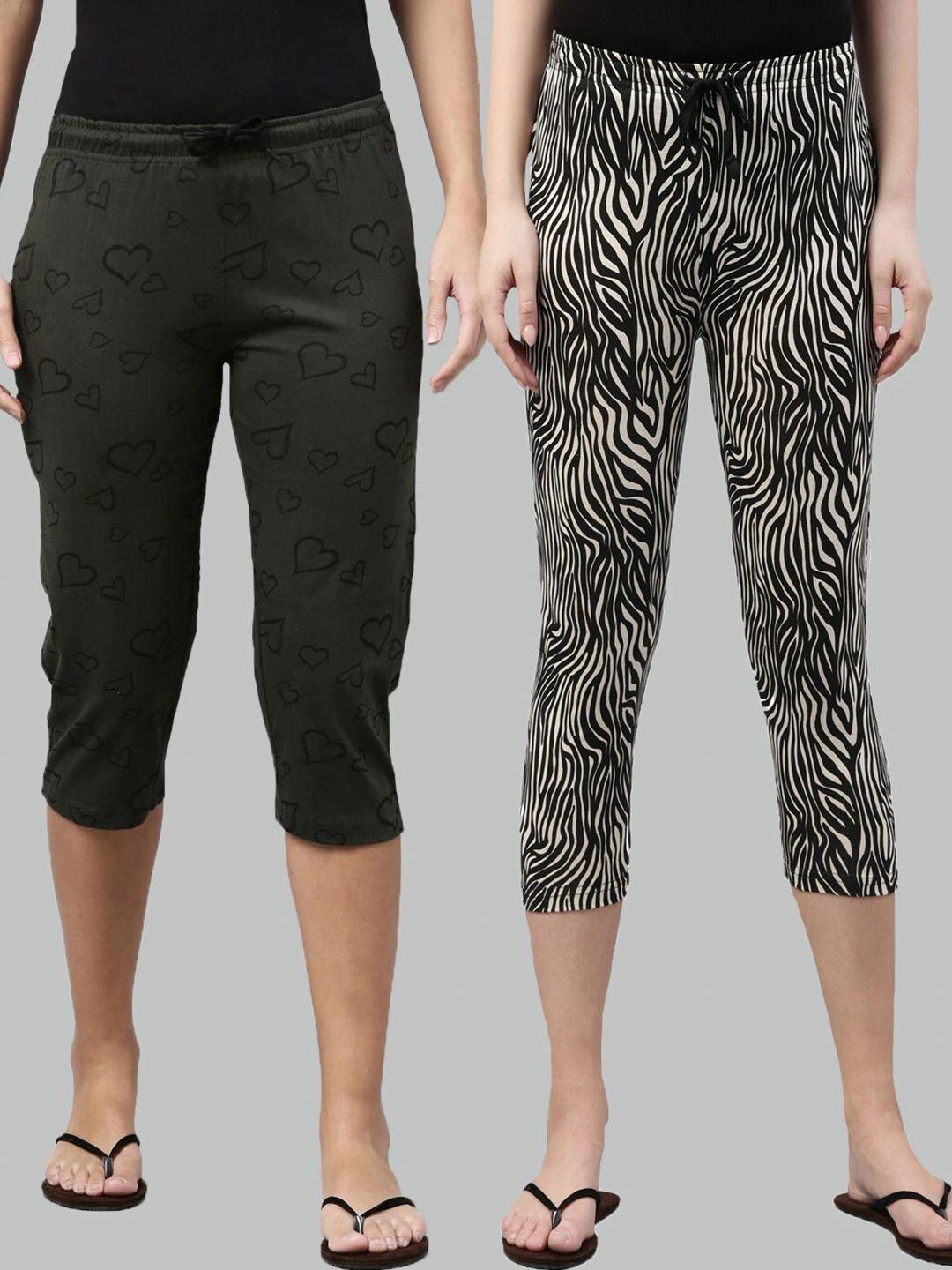 kryptic women set of 2 olive green & black slim fit printed cotton capris