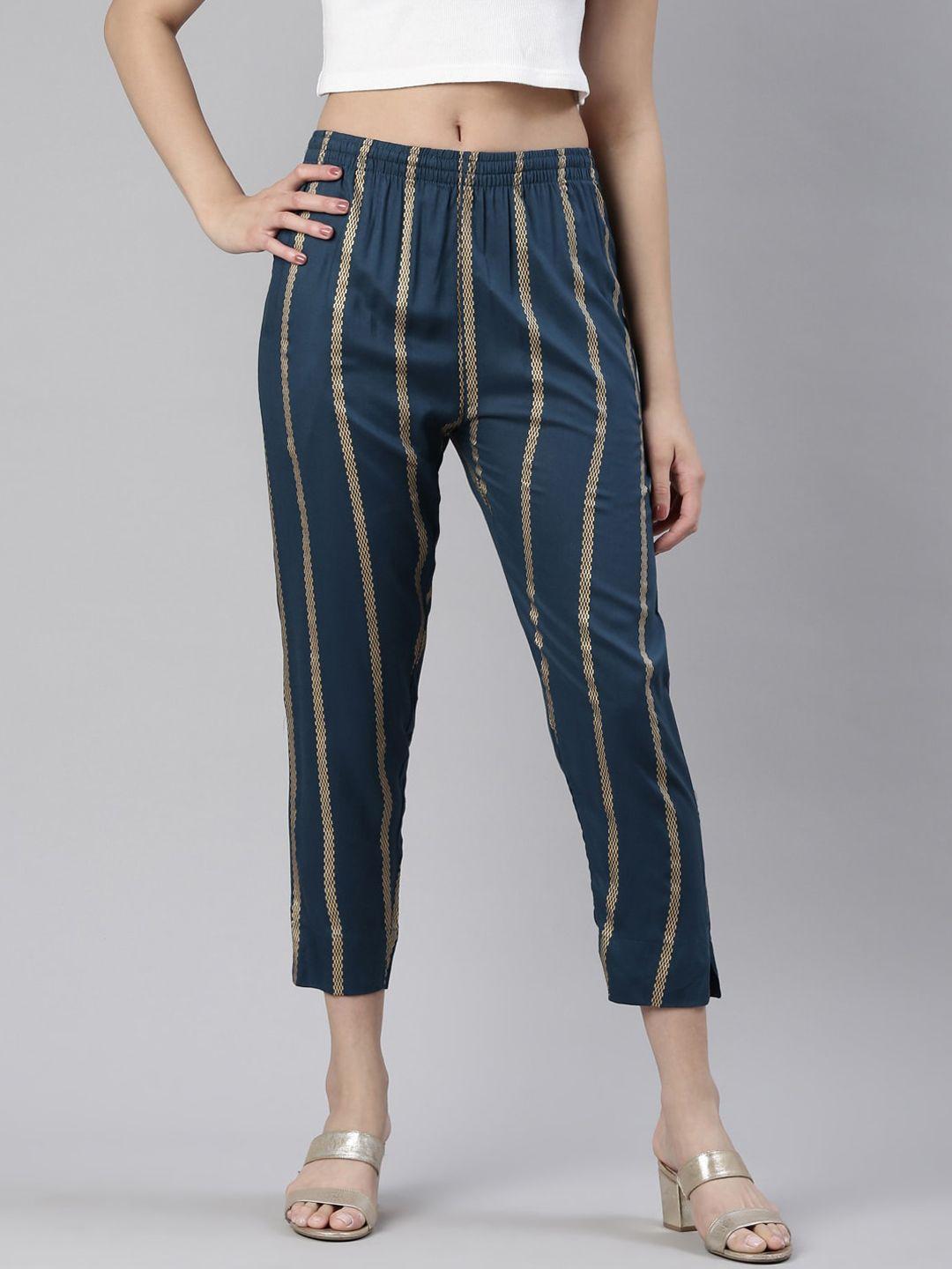 kryptic women striped smart slim fit pleated trousers