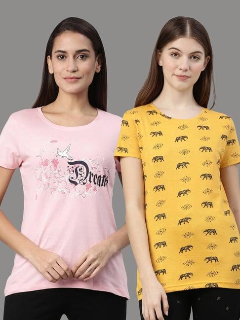 kryptic yellow & pink printed cotton t-shirt - pack of 2