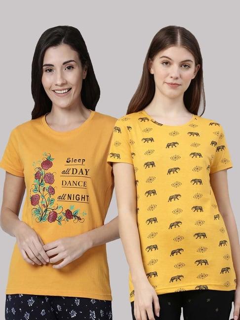 kryptic yellow cotton printed lounge t-shirt - pack of 2