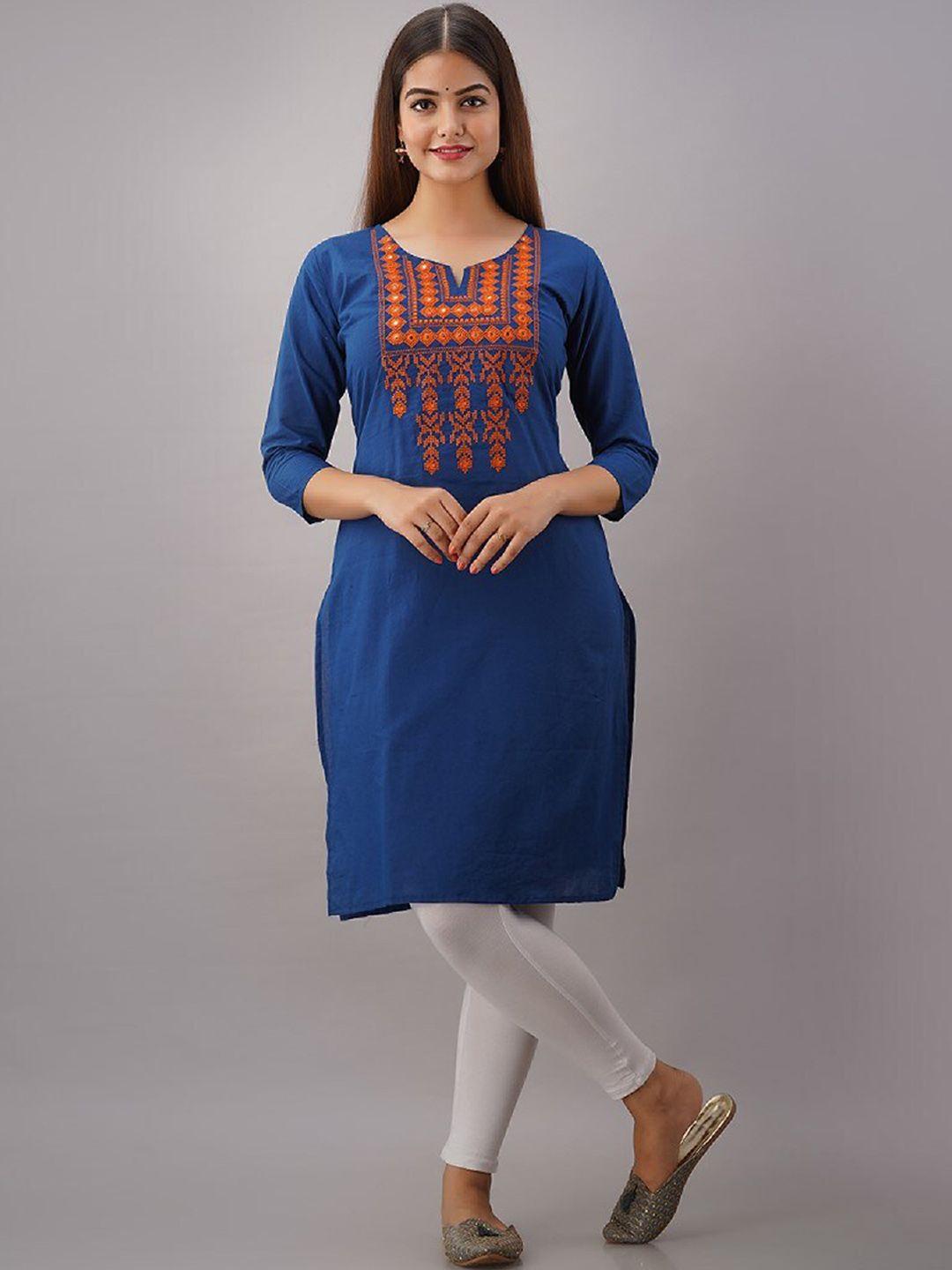 ksharaa blue geometric embroidered thread work kurta