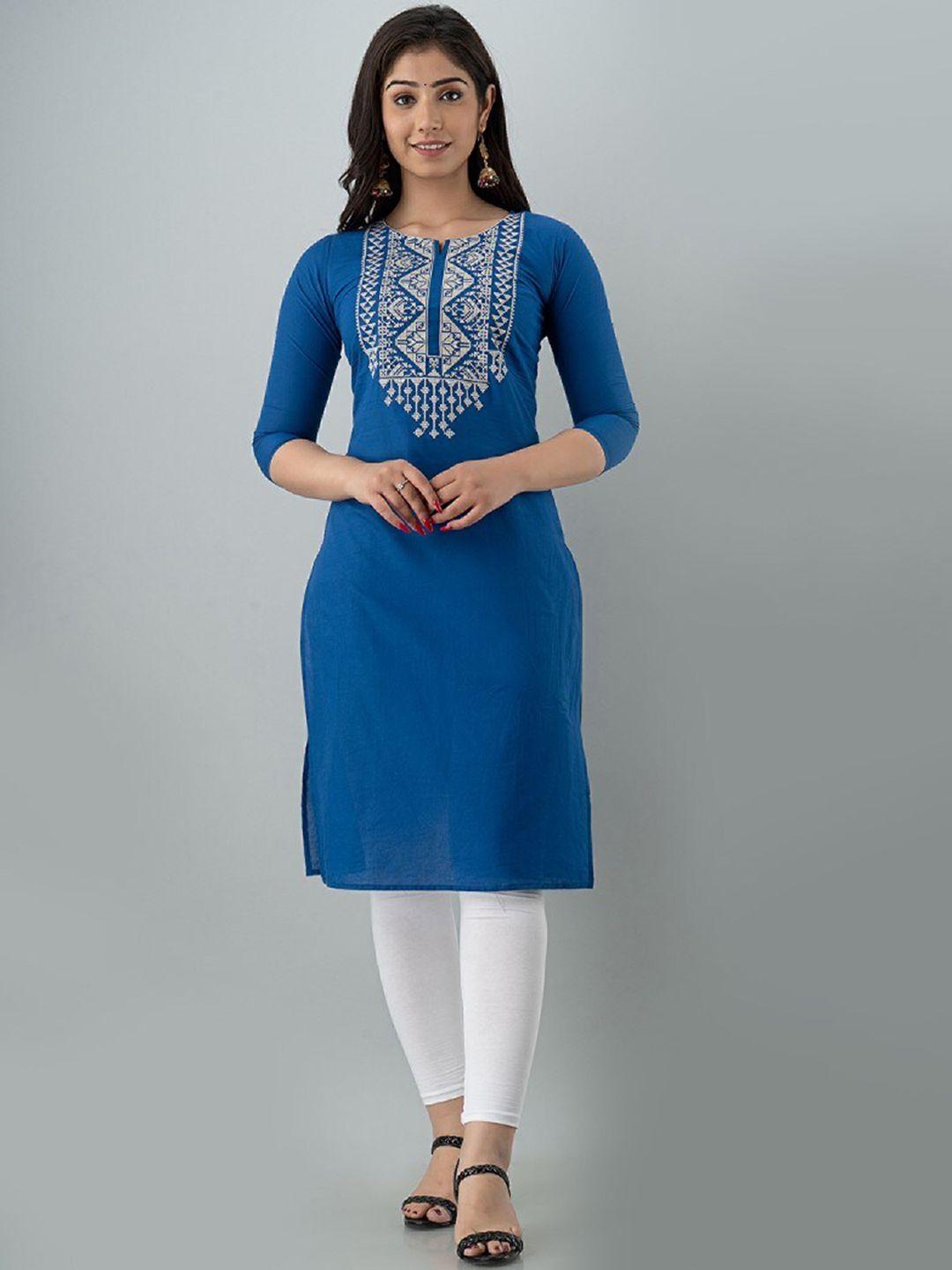 ksharaa blue geometric embroidered thread work kurta